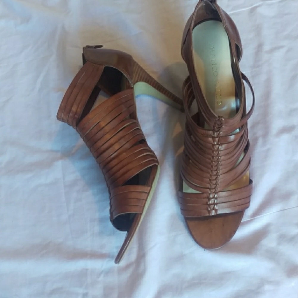 Franco Sarto brown leather zippered heel sandals